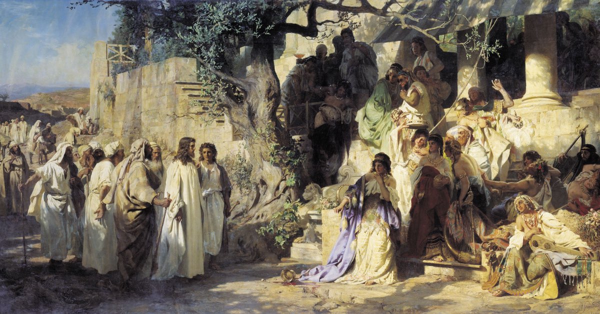 Painting by Henryk Siemiradzki titled “Christ and Sinner” (1873). Jesus stands in calm authority, extending a hand of mercy toward a kneeling woman, while a crowd of onlookers watches in conflicted silence.