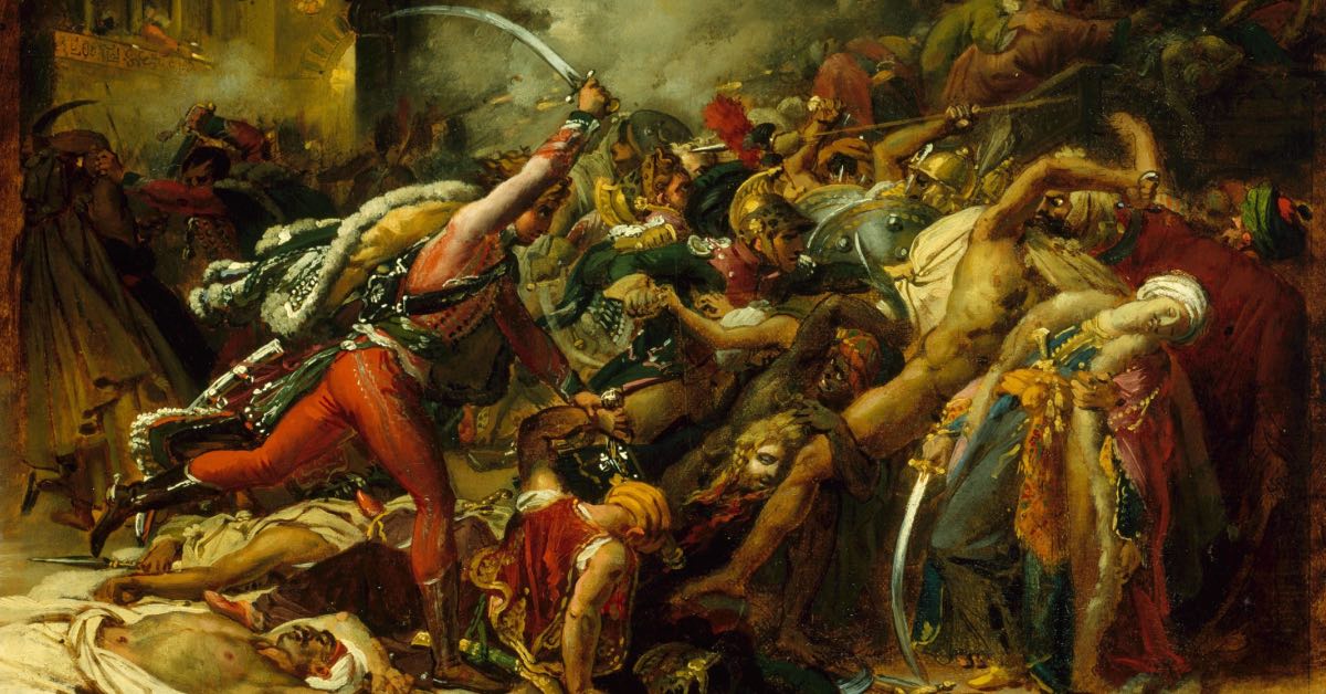 Historic painting of the Revolt of Cairo showing the clash between anarchy and leadership in the streets.